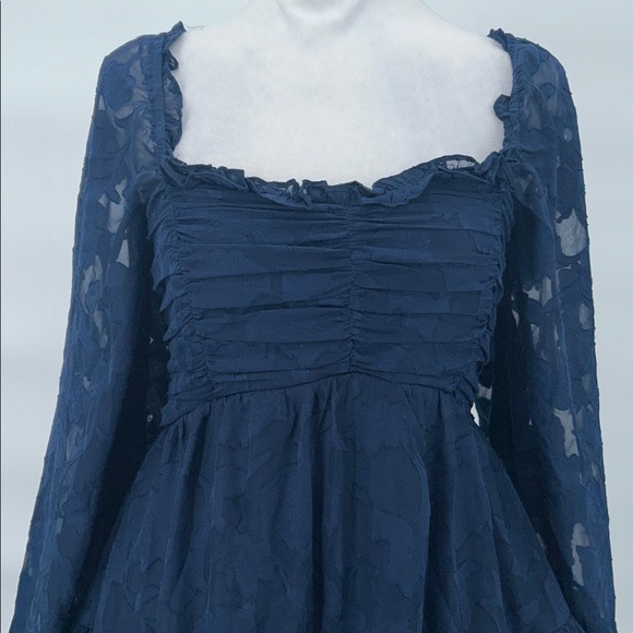 Altar'd State Clairyn Tiered Square Neck Ruffle Long-Sleeve Mini Dress Navy XS - Picture 8 of 13